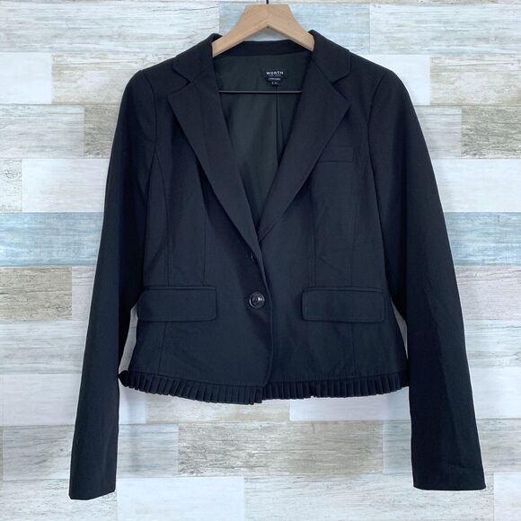 Worth Wool Ruffle Blazer Jacket Black Ruffle Hem Pockets Lined Cropped Womens 4 - Picture 1 of 8